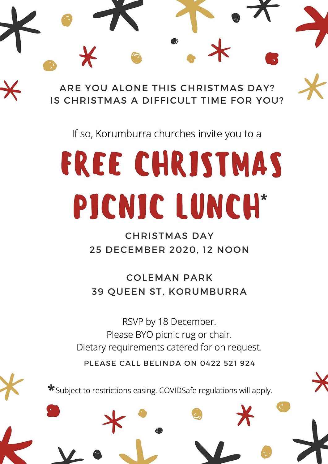 Christmas 2020 Picnic Lunch (free) • 24 February, 2021 Korumburra Christmas Lunch Picnic flyer